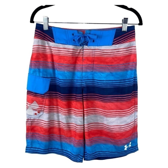 Under Armour Men's Swim Trunks Board Shorts Red Blue Gray Size 28 Loose Fit - Picture 1 of 9